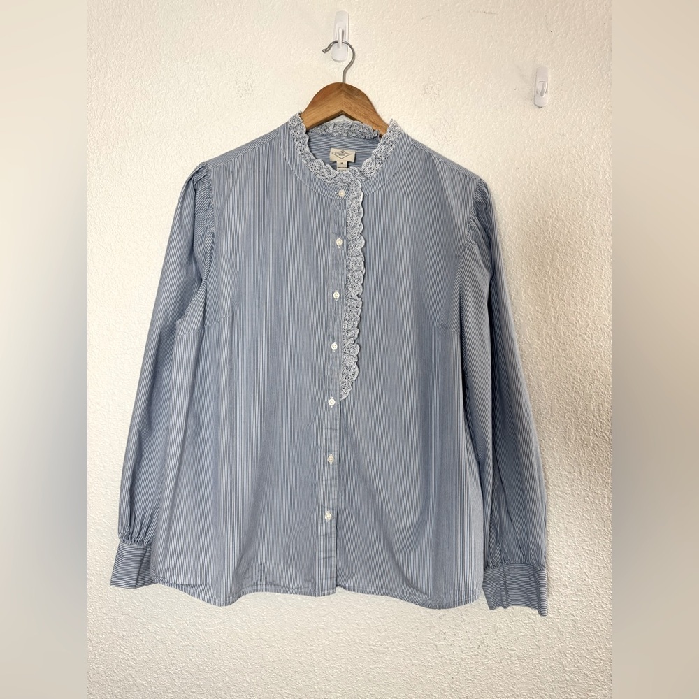 St. John's Bay cotton Striped Blue Blouse with Lace Ruffle Neckline and bracket